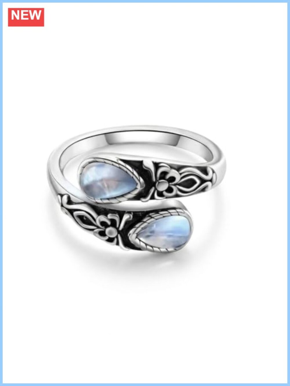 Moonstone Birthstone Ring Silver Tone Adjustable Open Band Boho